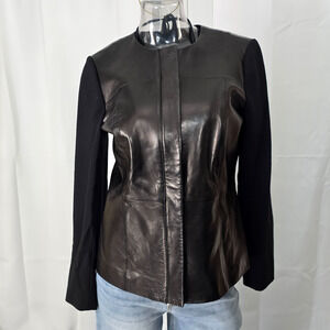 Talbots Petites Black Leather Full Zip Jacket Contrast Ponte Sleeves Size 8p